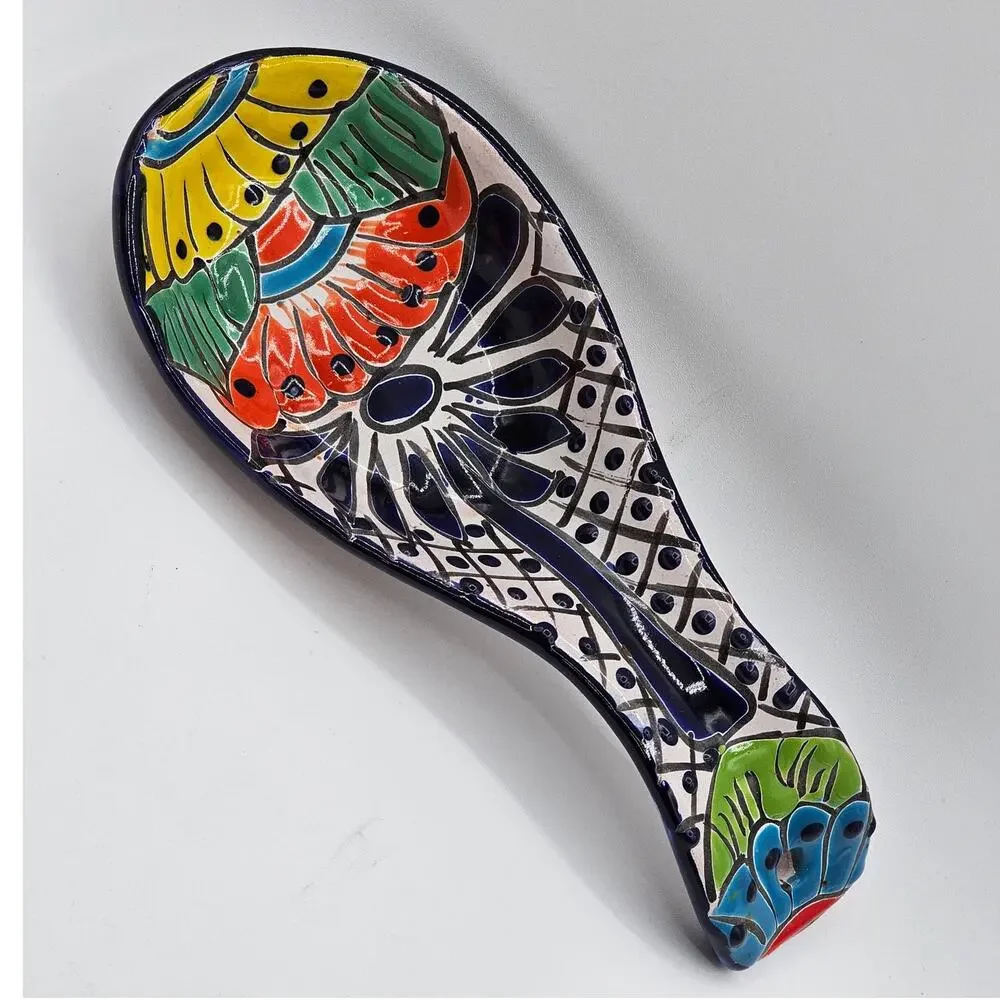 Vintage Mexico Hand Crafted Spoon Rest - Ceramic Hand Painted Geometric Design